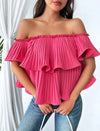 Rose-Carmine Versatile To Multiple Outfits Women's Off-Shoulder Pleated Blouse