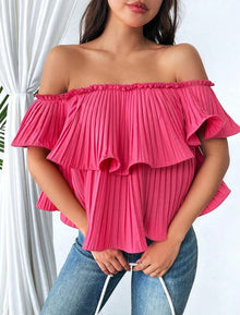 Rose-Carmine Versatile To Multiple Outfits Women's Off-Shoulder Pleated Blouse