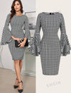 SHEIN Clasi Women's Wrap Bodycon Dress With Flounce Hem, Off Shoulder, Seven-Point Sleeve, Black And White Grid Pattern, Slim And Elegant