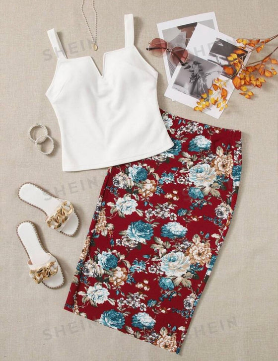 Privé Notched Neck Cami Top & Floral Print Skirt Set