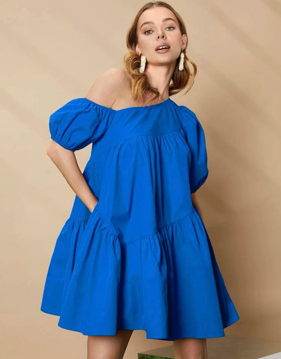 Asymmetrical Neck Puff Sleeve Ruffle Hem Smock Dress