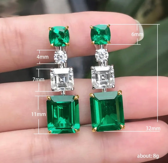 Vintage Emerald Gemstone Zircon Earrings Noble Green Rectangle Silver Dangle Earrings Women