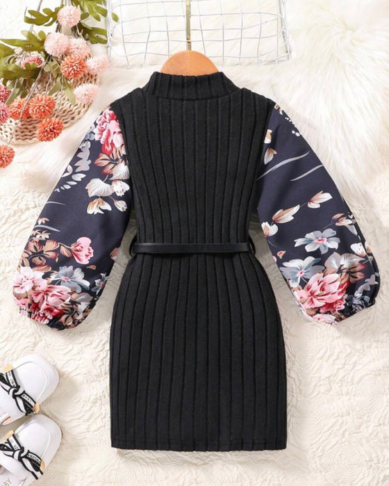 Young Girl Floral Print Lantern Sleeve Dress With Belt