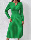 Solid Color V-Neck Dress With Flared Hem And Pleats