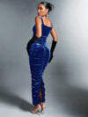 Split Back Ruched Velvet Bodycon Dress