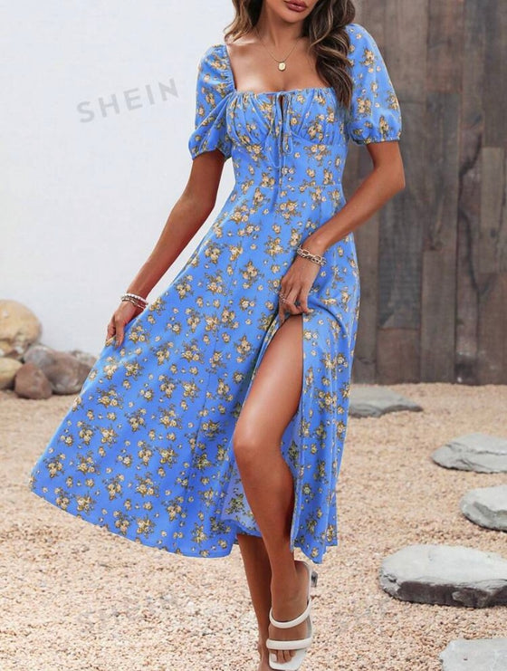 All Over Flower Print High Slit Dress
