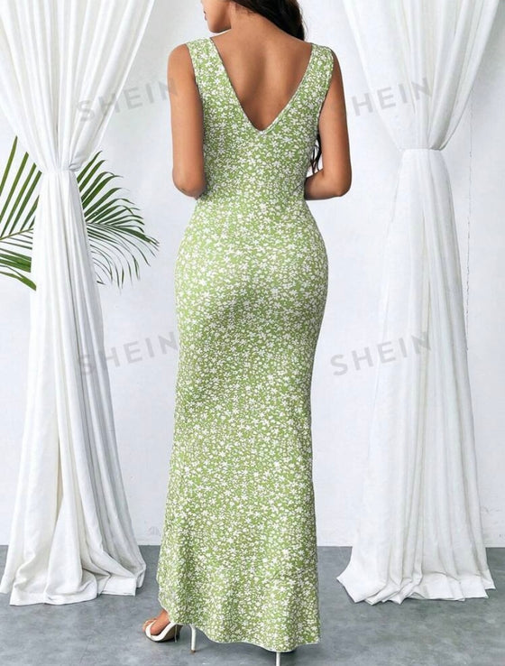 Fashionable Printed High Waist Mermaid Hem Dress
