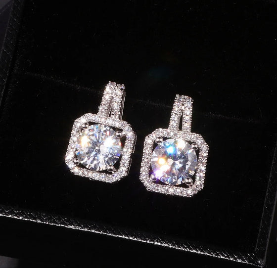 Huitan Jewelry Bling Bling Hollow Round Gems Zircon Square Stud Earrings Women Girls Silver Classic Earring