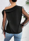 Asymmetric Neckline Polka Dot Velvet Mesh Sheer Flare Sleeve Blouse