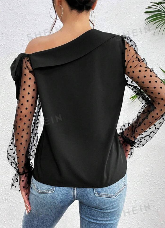 Asymmetric Neckline Polka Dot Velvet Mesh Sheer Flare Sleeve Blouse