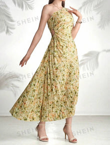  Asymmetric Neckline Floral Printed Pleated Sleeveless Summer Dress