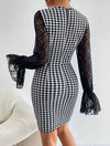 Houndstooth Print Flare Sleeve Square Neck Bodycon Dress