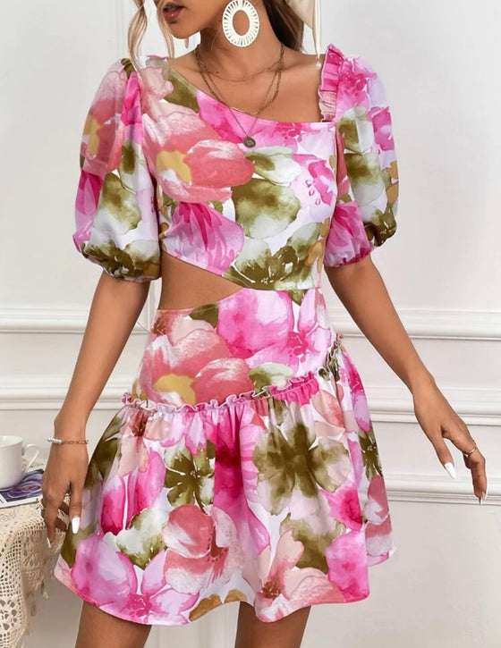 Floral Print Cut Out Waist Puff Sleeve Ruffle Hem Dress