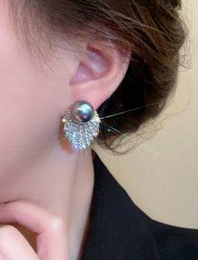  1 Pair (2pcs) Elegant Rhinestone & Grey Faux Pearl Stud Earrings, Great For Women