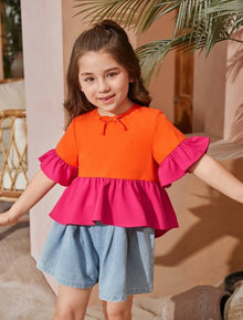  Kids SUNSHNE Toddler Girls 1pc Colorblock Flounce Sleeve Peplum Blouse