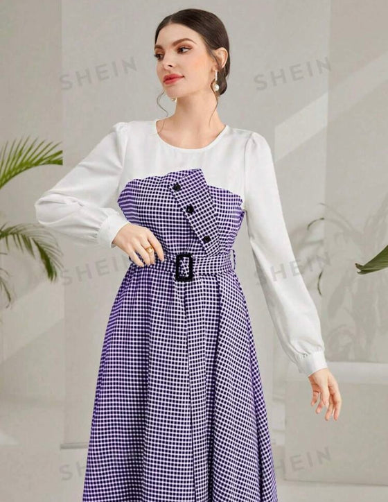 Spring/Summer Elegant Long Sleeve Long Checkered Dress With Round Neck