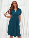 Women's Solid Color Turn-Down Collar Short Puff Sleeve Dress With Pleated Hem