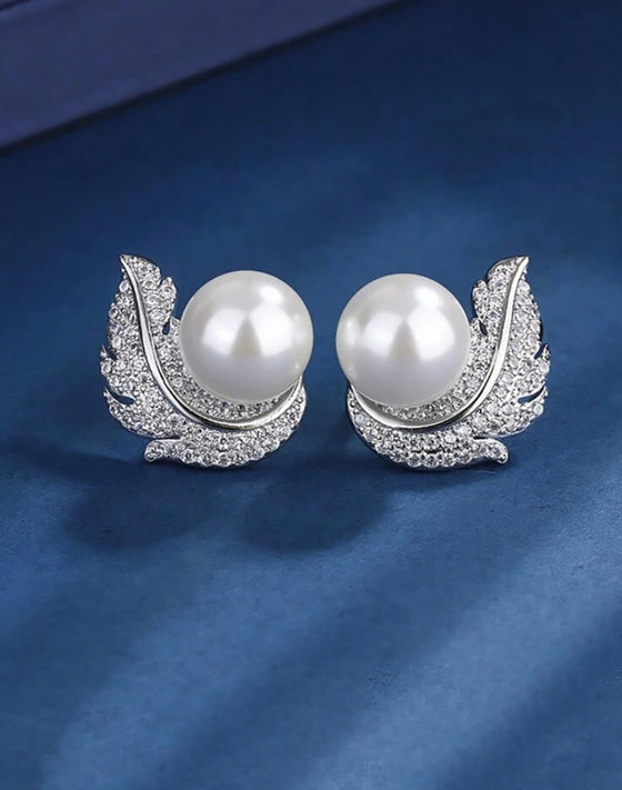 1pair Cz Rhinestone, Feather, Pearl, Deluxe Design, Light Luxury, French Vintage Style Earrings