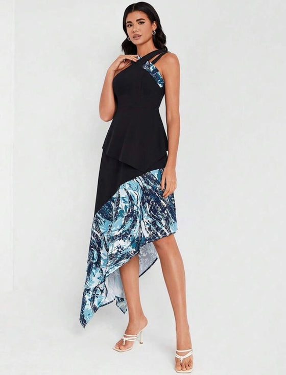 Floral Print Asymmetrical Neck Dress