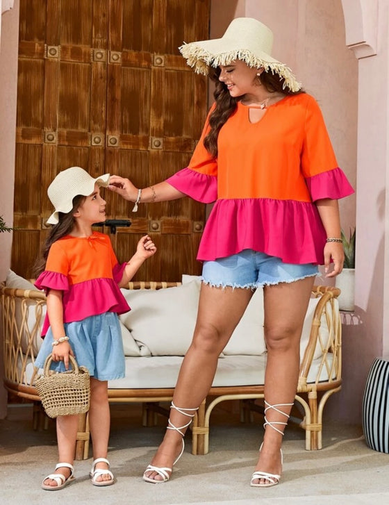 Kids SUNSHNE Toddler Girls 1pc Colorblock Flounce Sleeve Peplum Blouse