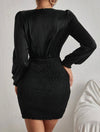 Surplice Neck Shirred Frill Trim Bodycon Dress