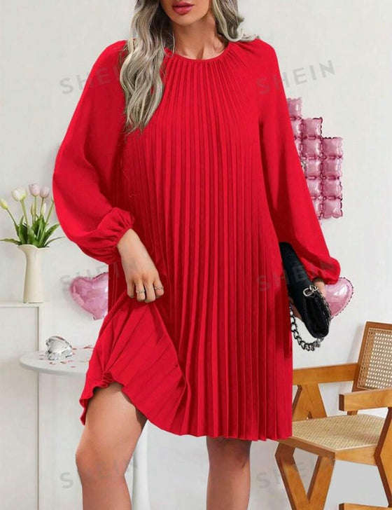 Lantern Sleeve Pleated Detail Dress