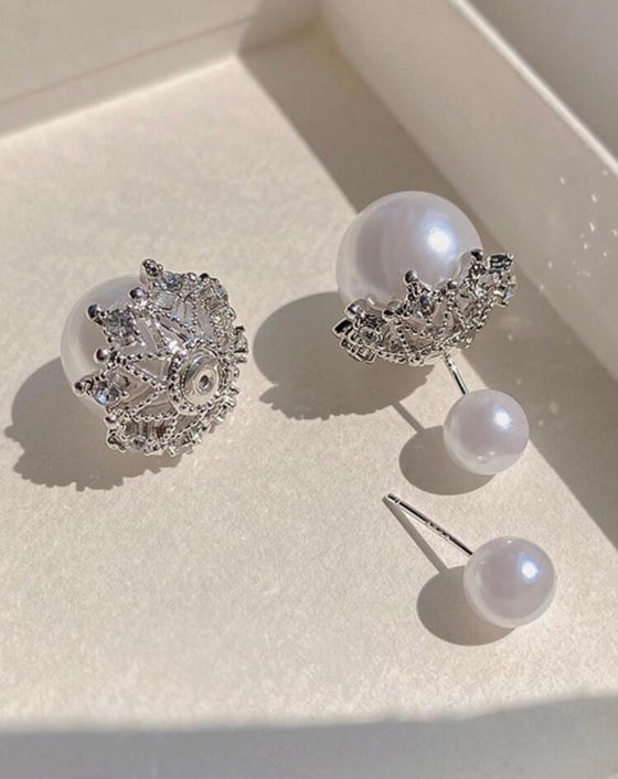 1pair Elegant & Smooth & Round Cultured Faux Pearl Stud Earrings With Little Diamonds