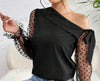 Asymmetric Neckline Polka Dot Velvet Mesh Sheer Flare Sleeve Blouse