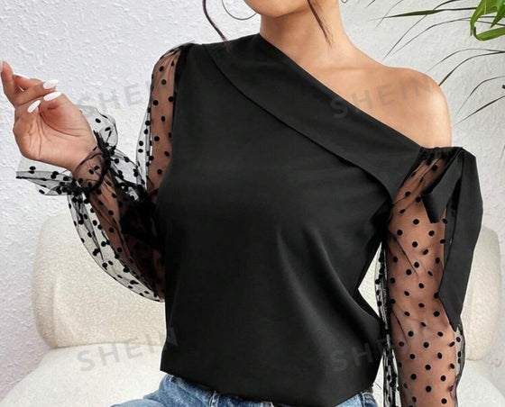 Asymmetric Neckline Polka Dot Velvet Mesh Sheer Flare Sleeve Blouse