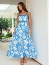 Women Summer Vacation Style Spliced Wavy Strap Tropical Plant Printed Long Elegant Dress