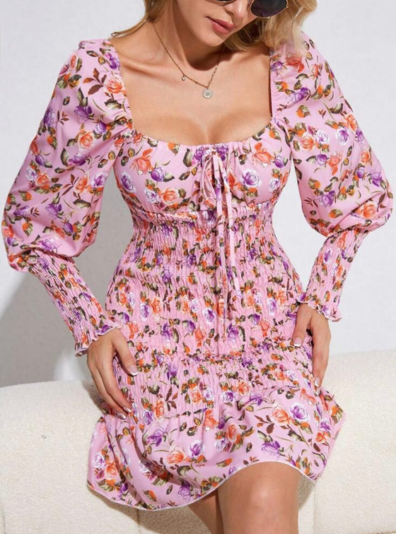 Studio Floral Print Square Neck Knot Front Lantern Sleeve Dress