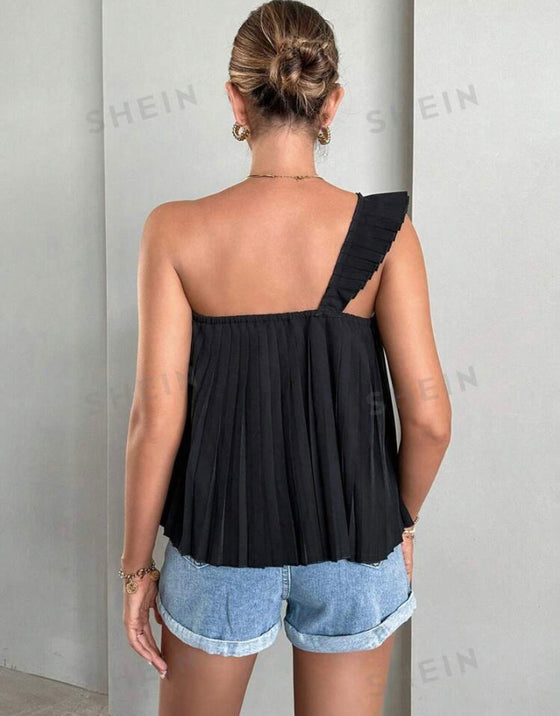 One Shoulder Ruffle Trim Pleated Blouse