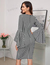 SHEIN Clasi Women's Wrap Bodycon Dress With Flounce Hem, Off Shoulder, Seven-Point Sleeve, Black And White Grid Pattern, Slim And Elegant