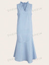 Blue & White Striped Flounce Hem Woven Casual Dress, V-Neck, Summer
