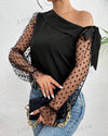 Asymmetric Neckline Polka Dot Velvet Mesh Sheer Flare Sleeve Blouse