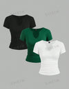 Ladies' Summer Solid Color Notch Collar Ruched T-Shirt, Set Of 3