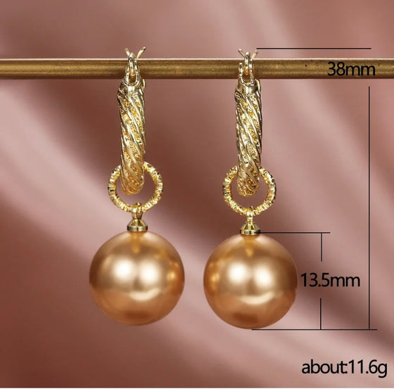 Vintage Style Real Gold Plated Twist Hoop Round Pearl Pendant Earrings Pearl Hoop Earrings