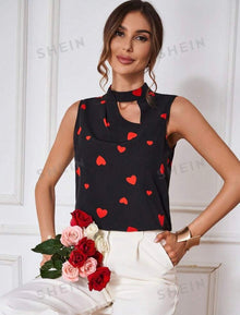  Hollow Out Heart Shaped Print Sleeveless Shirt