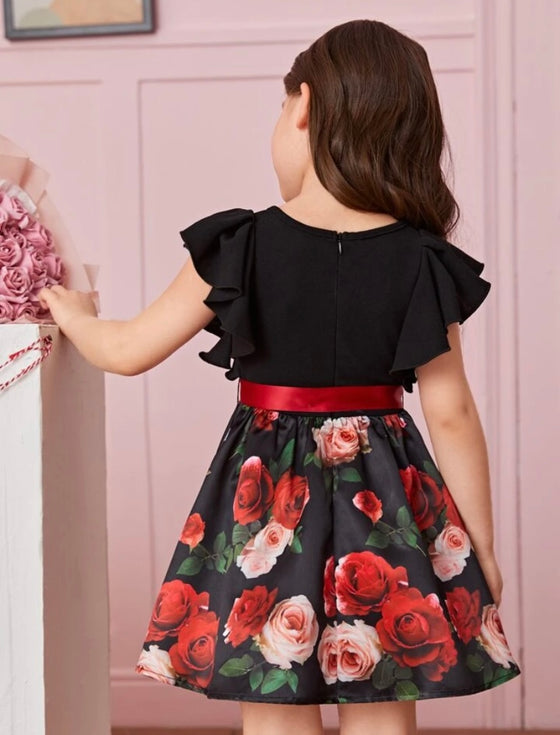 Toddler Girls 1pc Floral Print Ruffle Trim Belted Dress