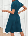 Women's Solid Color Turn-Down Collar Short Puff Sleeve Dress With Pleated Hem