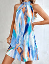 Brush Print Tie Back Halter Neckline Dress