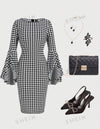 SHEIN Clasi Women's Wrap Bodycon Dress With Flounce Hem, Off Shoulder, Seven-Point Sleeve, Black And White Grid Pattern, Slim And Elegant