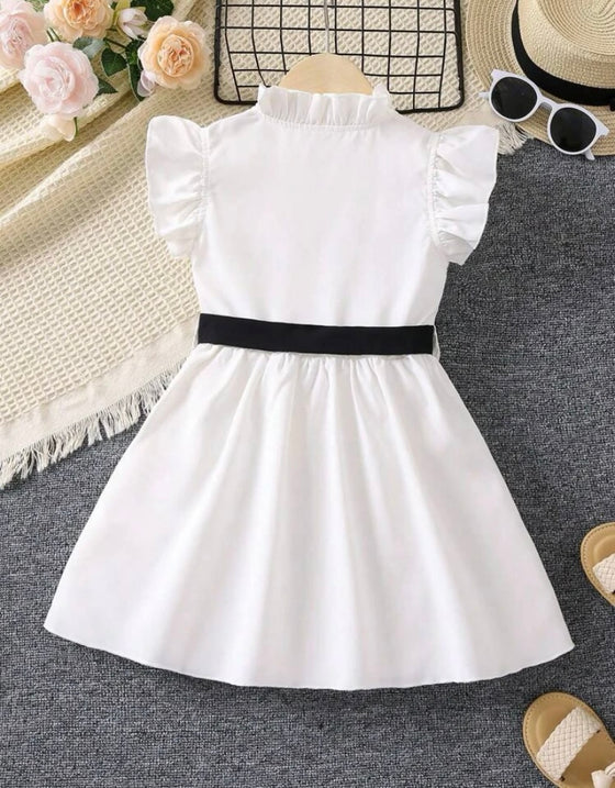 Young Girl White Solid Color Elegant Simple Fashionable Dress With Peter Pan Collar And Ruffled Sleeves For Summer