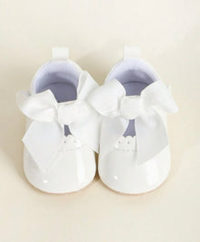  1pair Baby Girls' Solid Color Butterfly Knot Pu Magic Tape Single Shoes, For 0-12Months Infant, Soft Antiskid Soles Princess Style Spring And Autumn