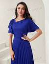 Asymmetrical Neck Butterfly Sleeve Pleated Hem Dress Without Belt