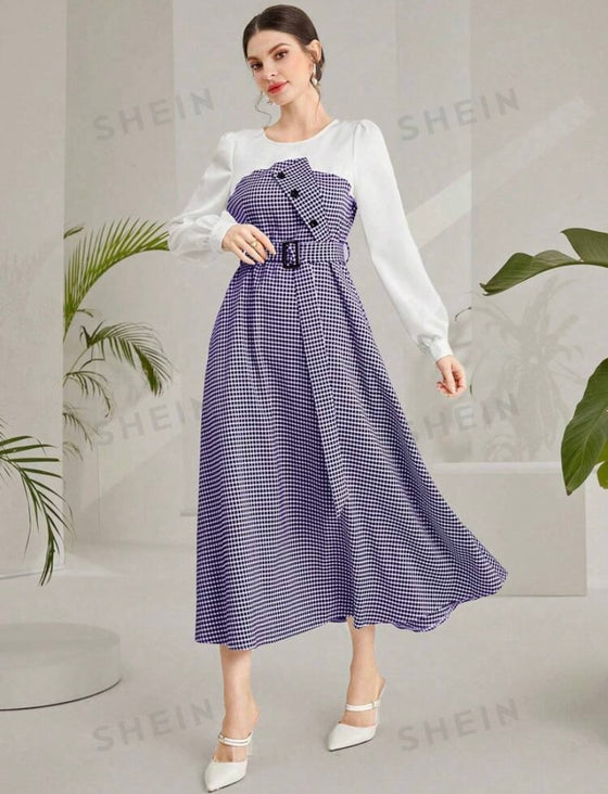 Spring/Summer Elegant Long Sleeve Long Checkered Dress With Round Neck