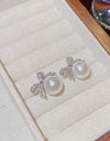 Faux Pearl Rhinestone Bow Decor Stud Earrings