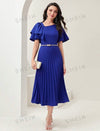 Asymmetrical Neck Butterfly Sleeve Pleated Hem Dress Without Belt