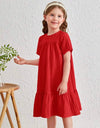 Solid Color Loose Fit Dress With Ruffle Hem, Suitable For Young Girls In Spring And Summer