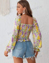 VCAY Floral Print Square Neck Flounce Sleeve Ruched Front Ruffle Trim Blouse